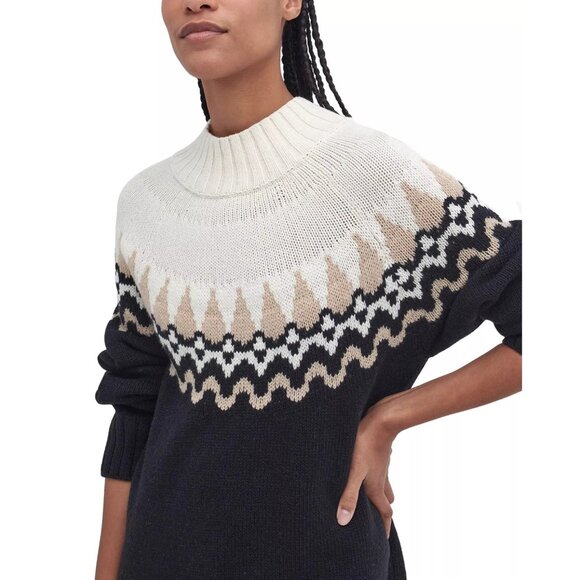 190$ Barbour Kingsford Fair Isle Knit Sweater Dress Women's Size 14 Black Ivory - Picture 4 of 5